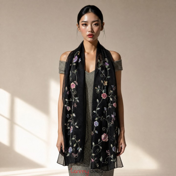 Khăn voan organza đen thêu hoa hồng màu
